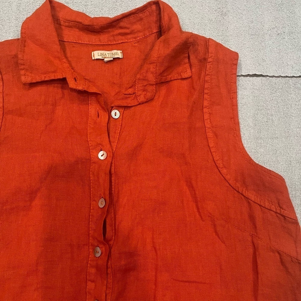 [L]Lina Tomei Sleeveless Orange Red 1/2 Button-Up Shift Dress - Picture 4 of 7
